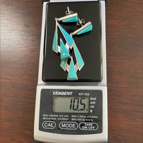 Signed Southwestern style turquoise sterling silver drop earrings - Picture 8 of 8